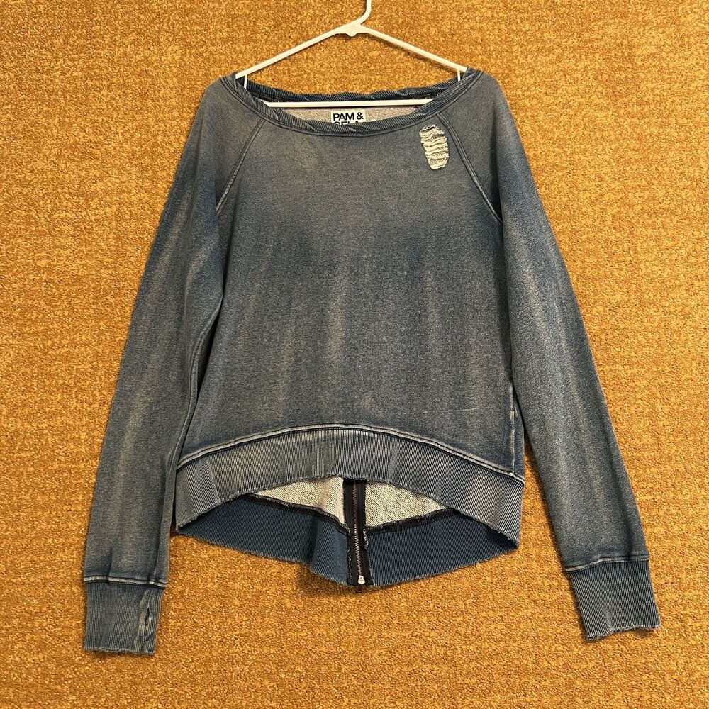 Pam & Gela Womens S Distressed Dolphin Hem Sweatshirt Blue Sun Faded Made in USA